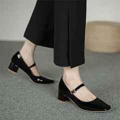 Buckle Mary Janes Shoes Patent Leather High Heels Pumps Retro Shoe Black Red