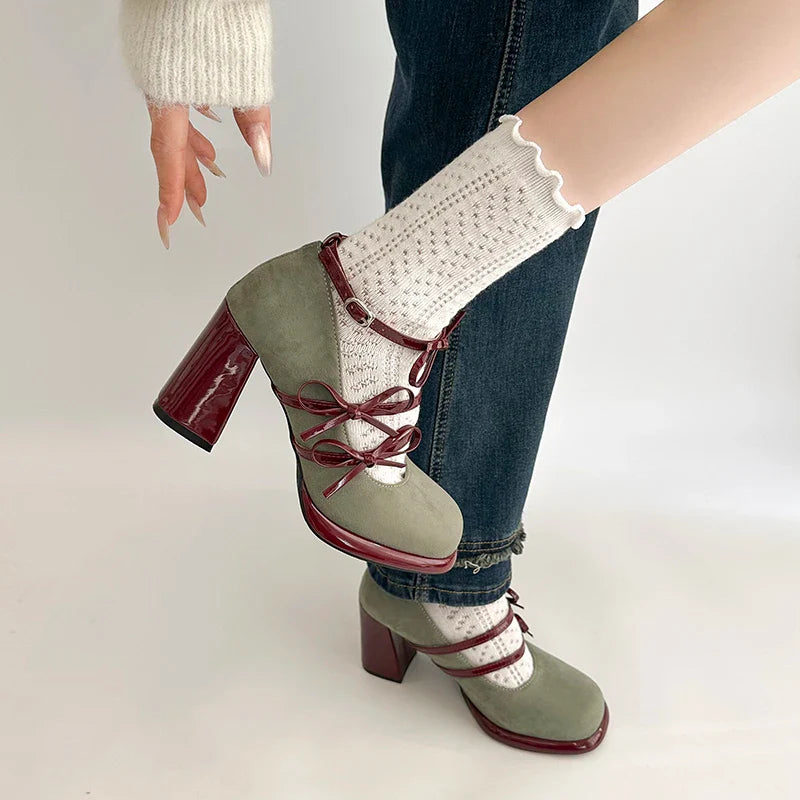 Thick Heel Mary Jane Shoes Butterfly-knot Buckle Strap Shoes Elegant Party Dress Pumps