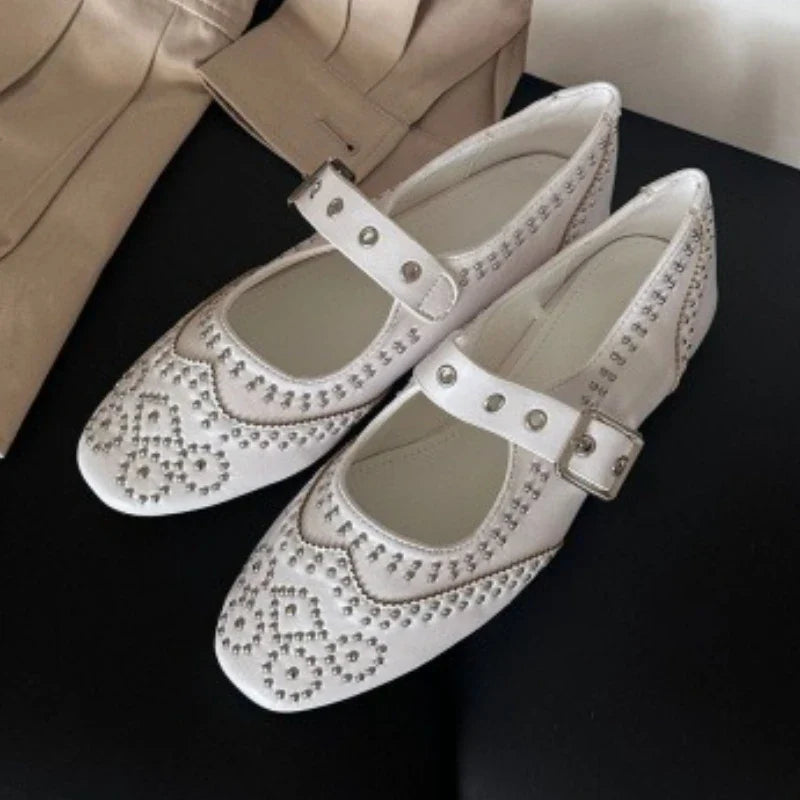 Retro Rivet Mary Jane Shoes Belt Buckle Round Toe Ballet Flats Comfortable Soft Sole Flat Shoes Zapatos De Mujer