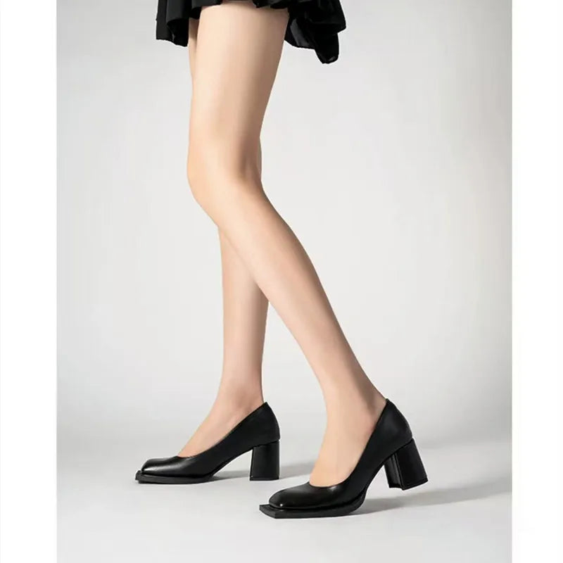 Pumps Square Toe Chunky Heel High Heels Black Soft Leather Elegant Evening