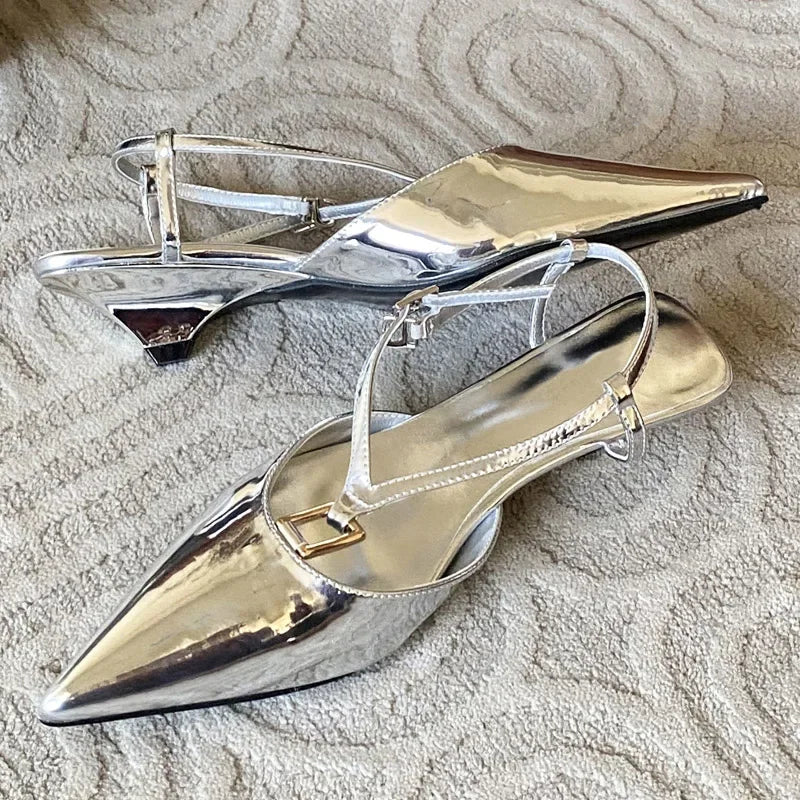 Square Buckle Strap Sandals Elegant Thin Low Heels Pointed Toe Slingback Shoes