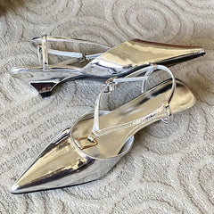 Square Buckle Strap Sandals Elegant Thin Low Heels Pointed Toe Slingback Shoes