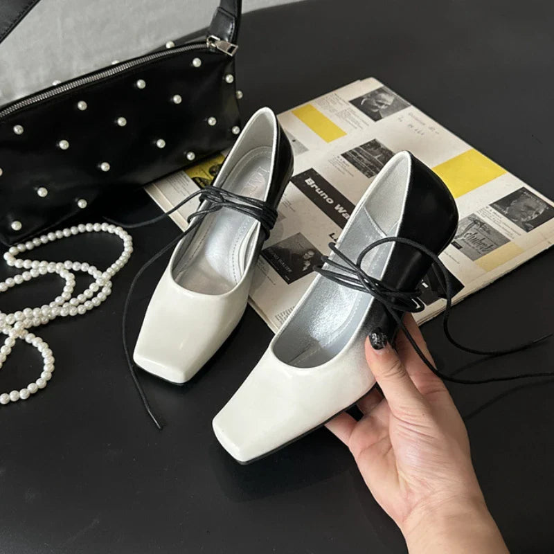Square-toed Mary Jane Shoes Mixed Colors Slingback Shoes Retro Ankle Straps High Heels Mary Jane