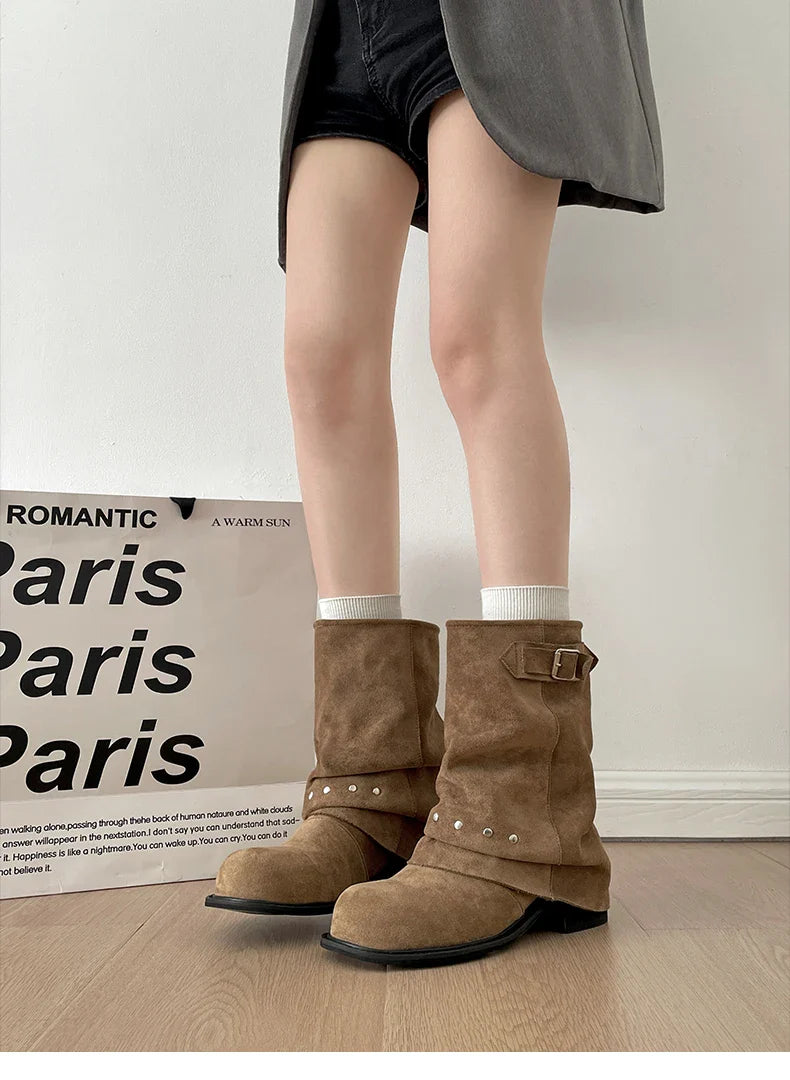 Pleated Western Ankle Boots Rivet Belt Buckle Shoes Concise Vintage Thick Heel Short Booties