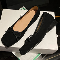 natural suede leather square toe slip-on ballet flats sweet bowtie casual ballerians soft comfort shoes