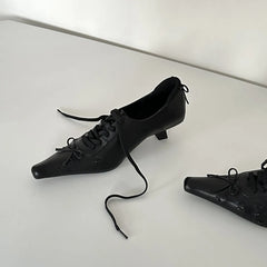Retro Square Toe Lace Up Leather Pumps Temperament Niche Mid Heel Shoes Versatile Soft Shoes Comfortable