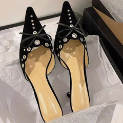 Suede Bow Cutout Pointed Toe Slippers Stiletto High Heels Metal Decorative Elegant Shallow Mules Shoes