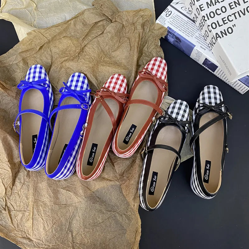 High Quality Checkered Design Mary Jane Shoes Inner Height Increase Flat Ballet Shoes Comfortable Soft Bottom