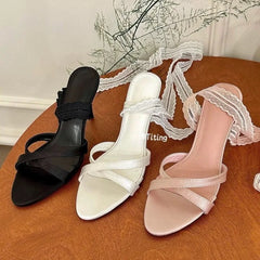 Lace Pointed Toe Heeled Sandals Stilettos Shoes Woman Slippers Slingback Dress Pumps Zapatillas