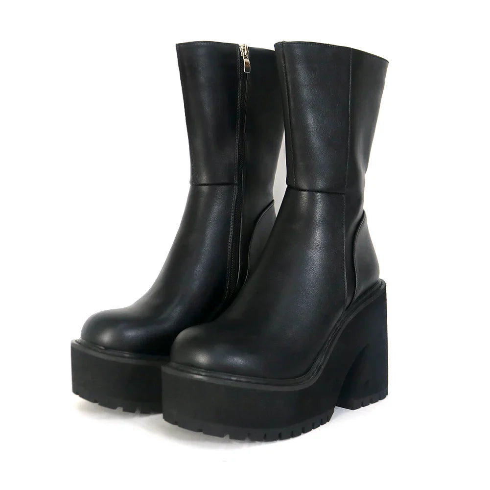 Platform Chunky High Heeled Knee High Boots Cool Round Toe Cute Sweet Heeled Boots Gothic Uniform