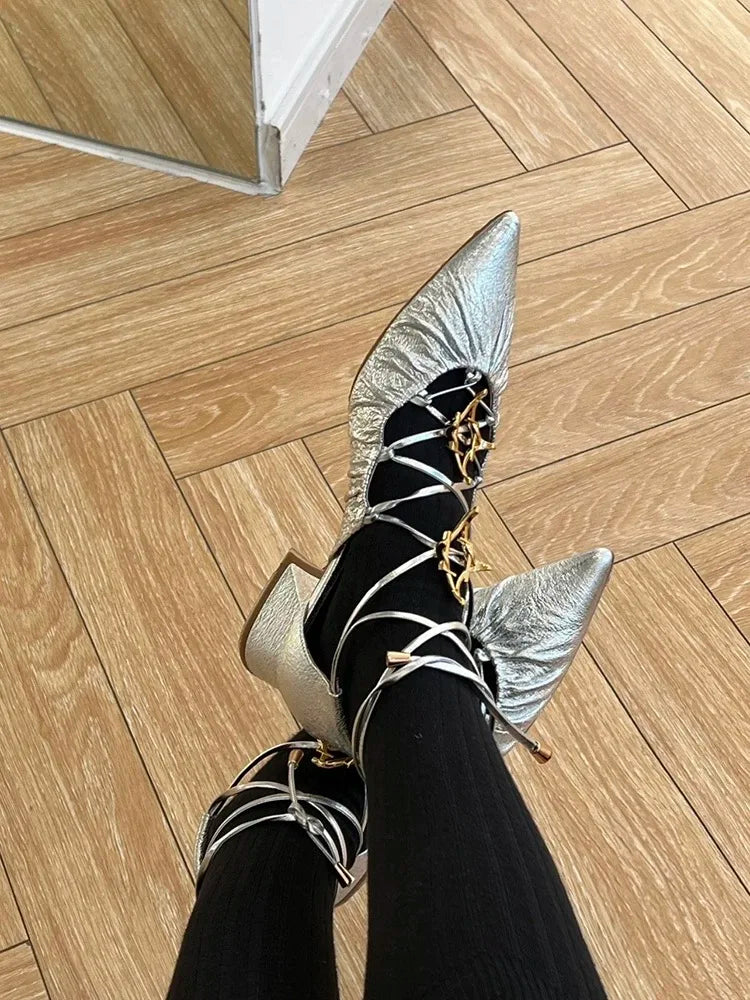 Cross Straps Sandals Pointed Toe Gold Star Detail Mixed Color Low Block Heels Ankle Lace Up Rubber