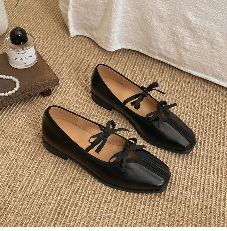 Elegant Bow Decoration Square Toe Shallow Mouth Single Shoes