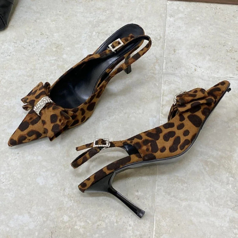 Leopard Thin High Heels Butterfly-knot Office Shoes Pointed Toe Sandals Sandalias De Mujer