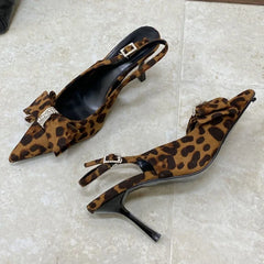 Leopard Thin High Heels Butterfly-knot Office Shoes Pointed Toe Sandals Sandalias De Mujer