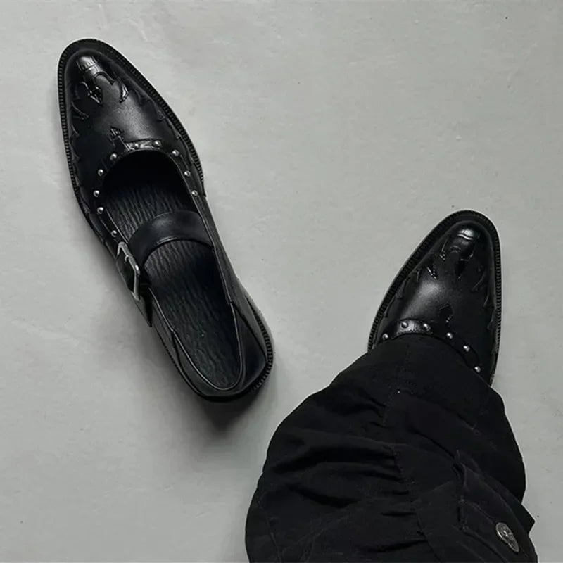 High Quality Leather Shoes Pointed Toe Metal Buckle Mary Jane Shoes