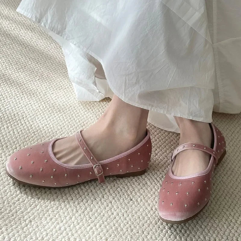 Cute Satin Velvet Rivet Decoration Flat Shoes Comfort Mary Jane Shoe Elegant Ballet Flats Loafers