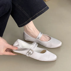 Comfort Satin Soft Sole Mary Jane Shoes Round Toe Shallow Flats Elegant Buckle Prom Ballet Shoes