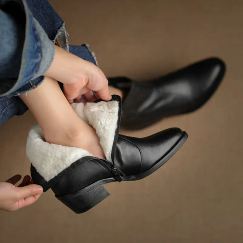 Shoes Warm Wool Boots Pointed Toe Chunky Boots Genuine Leather Boots Fur Boots