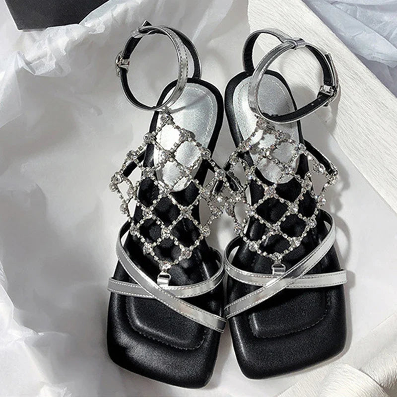 Roma Style Hollow Out Crystal Mesh Cozy Square Open Toe Strange Low Heels Shoes Gladiator Sandalias