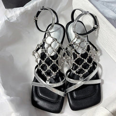 Roma Style Hollow Out Crystal Mesh Cozy Square Open Toe Strange Low Heels Shoes Gladiator Sandalias