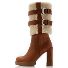 Brown Platform Suede Boots Round Toe Lambswool Shoes Chunky Heel Mid-Calf Booties Warm Vintage Shoes Rubber Sole