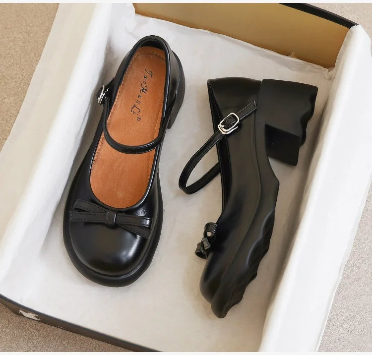 Style Mary Janes Shoes Elegant Chunky Platform High Heels Shoes Bow Ankle Buckle Party Shoes