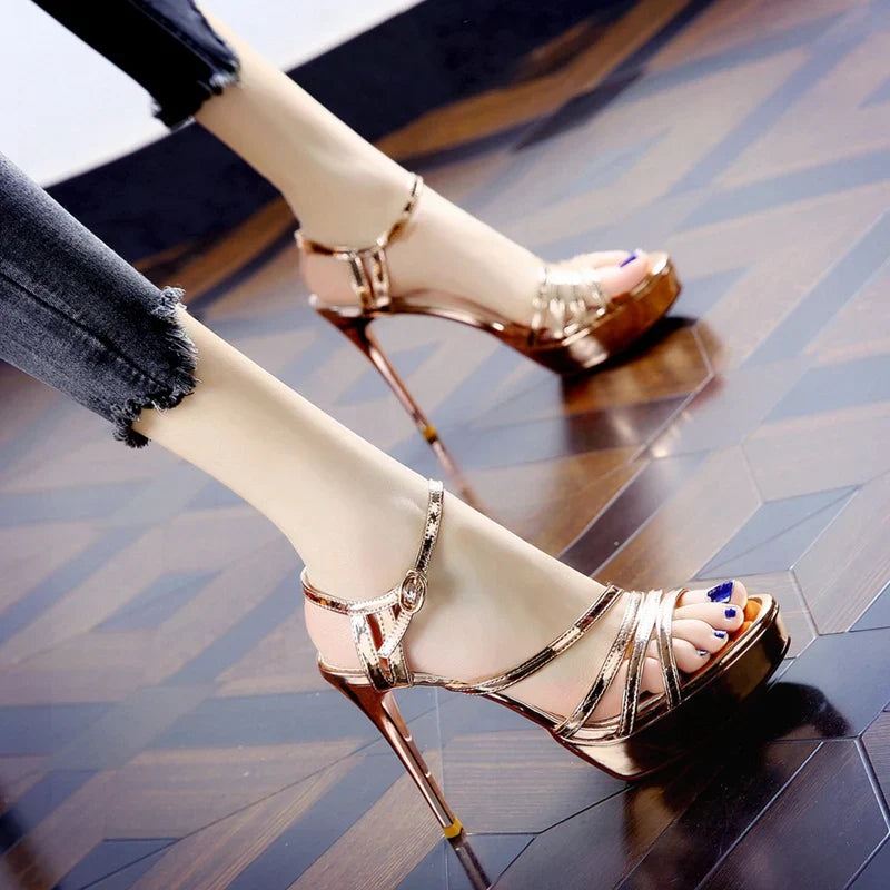 Size 34-39 Platform 10cm High Heels Gold Sandals Open Toe Stiletto Heel Silver Shoes Sandals