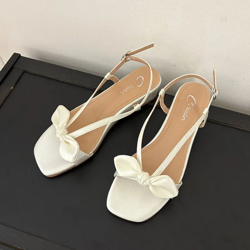 Elegant Low Heel Sandals Wedges Shoes Buckle Footwear Butterfly-Knot Heeled Sandals