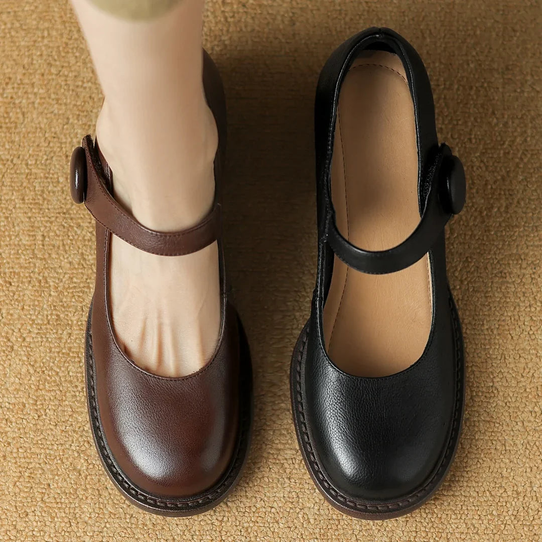cow leather chunky heel round toe slip-on Mary Jane pumps high quality soft comfortable retro four season shoes
