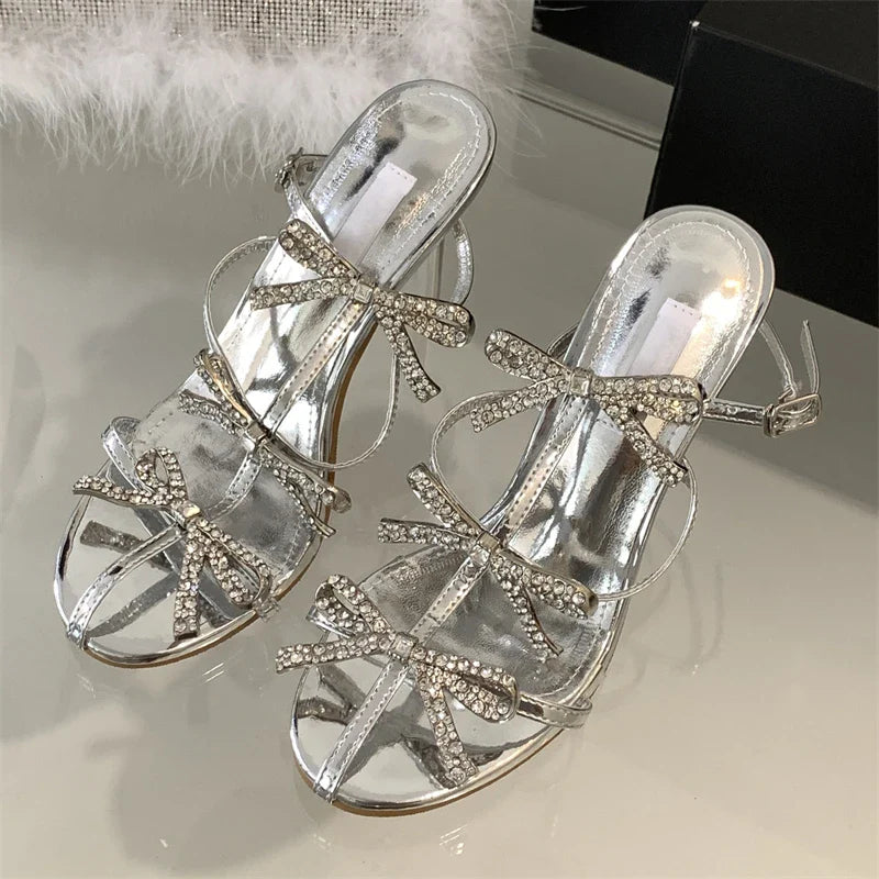 Crystal Butterfly-knot Pointed Toe Buckle Strap High Heels Party Prom Sandals Mule Shoes