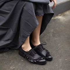 Black Soft Leather Lace-up Loafers Pleated Design Brand Low Heel Pumps Cozy Commuter Office Shoes Zapatos De Mujer