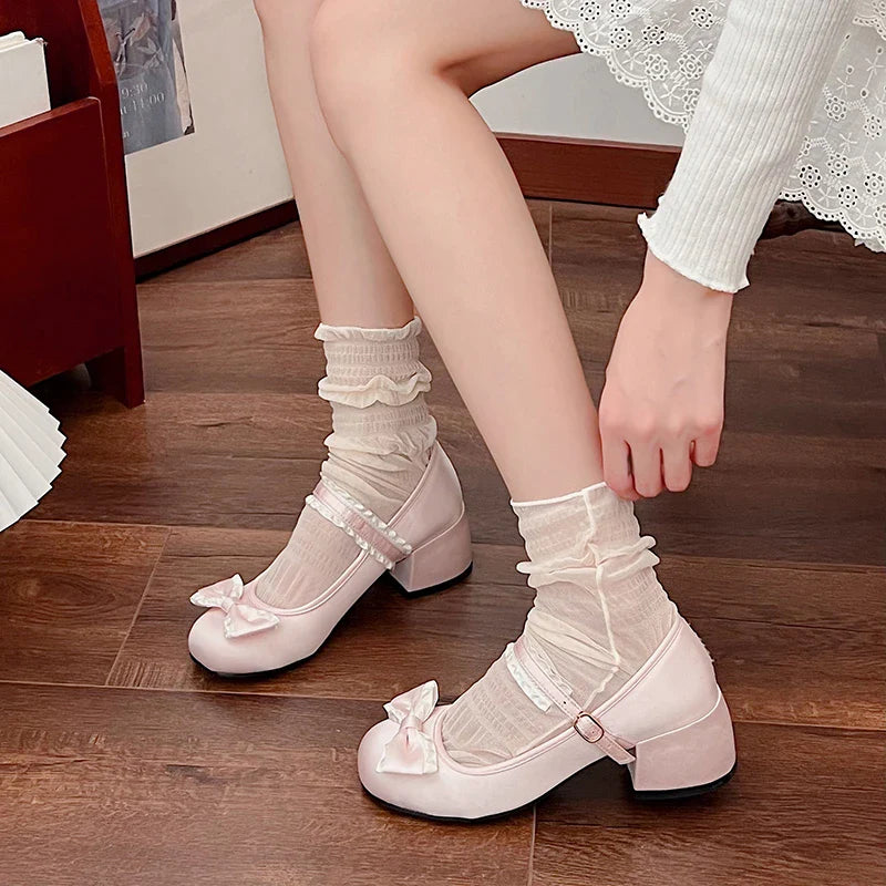 Mary Jane Shoes Shallow Round Toe Mid Heel Shoes Elegant Outdoor Single Pumps Shoes