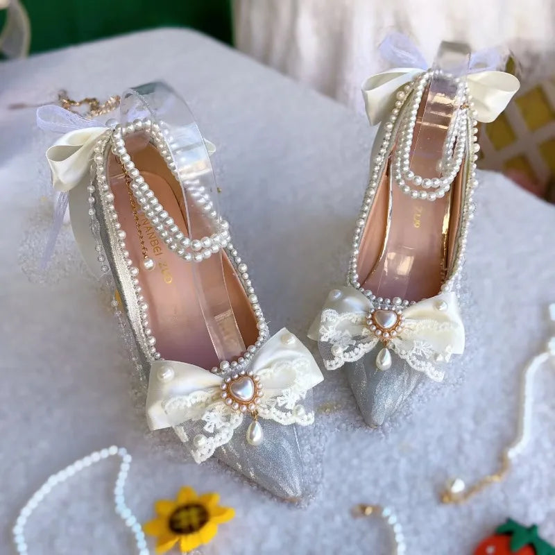 Original Handmade Lolita Shoes Flower Wedding Gorgeous High Heels Loli Sparkling Pearl Bow Princess Pumps Wedding Shoes Bride