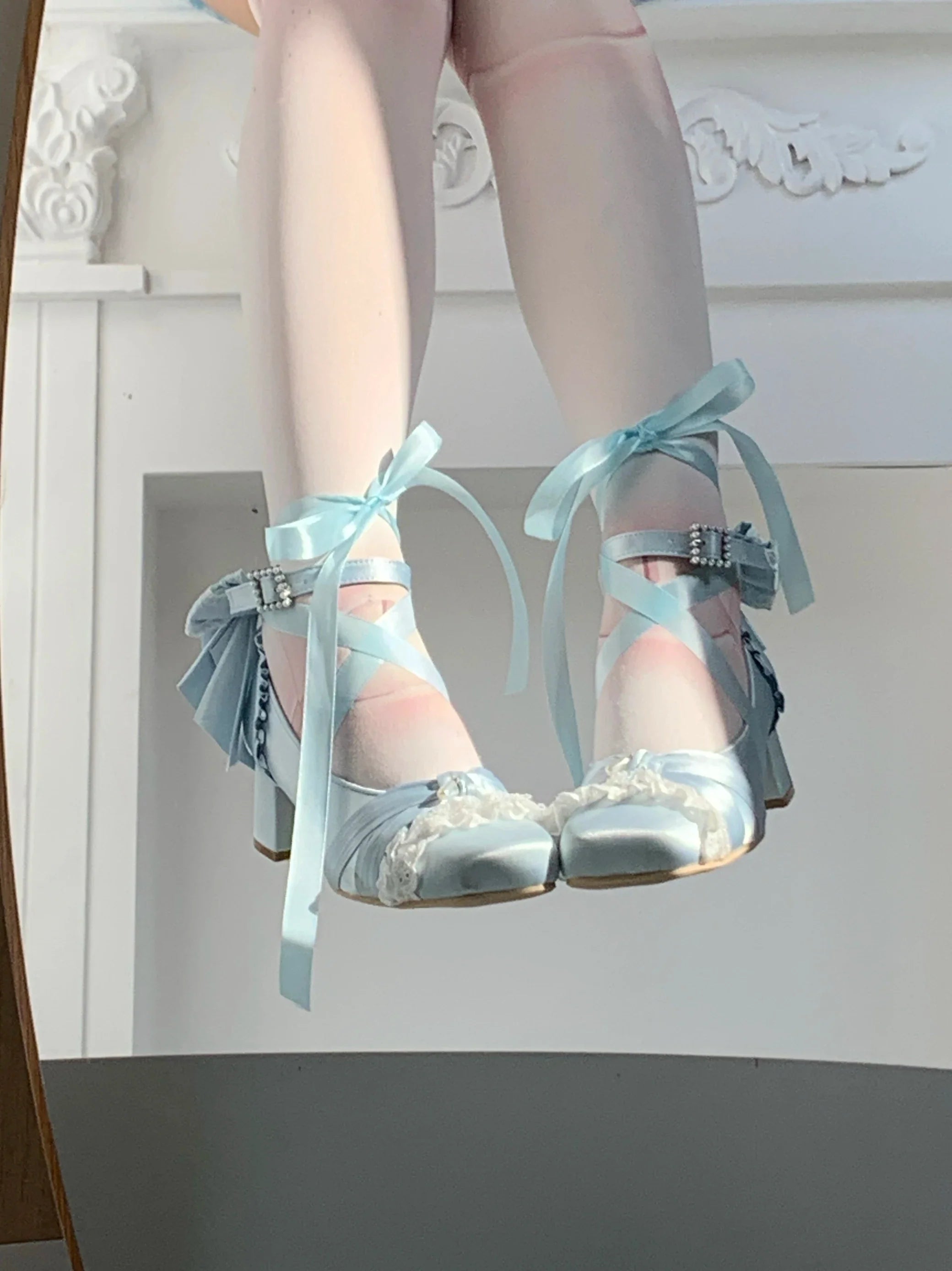 Pink Lolita Shoes Ballet Thick Heel High Heels Mary Jane Shoes Satin Elegant Platform Waterproof Pumps Original