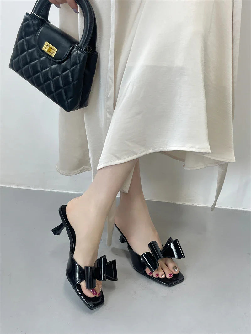 Patent Leather Butterfly Knot Slippers Square Toe Low Thin Heels Mules Slides Shoes Size 39
