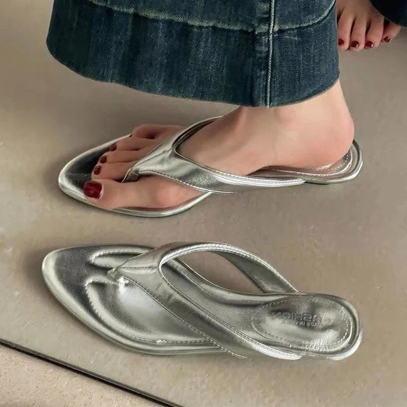 Flip Flops Pointed Toe Slippers Beach Shoes High Heels Shoes Clip Toe Casual Slides Mujer