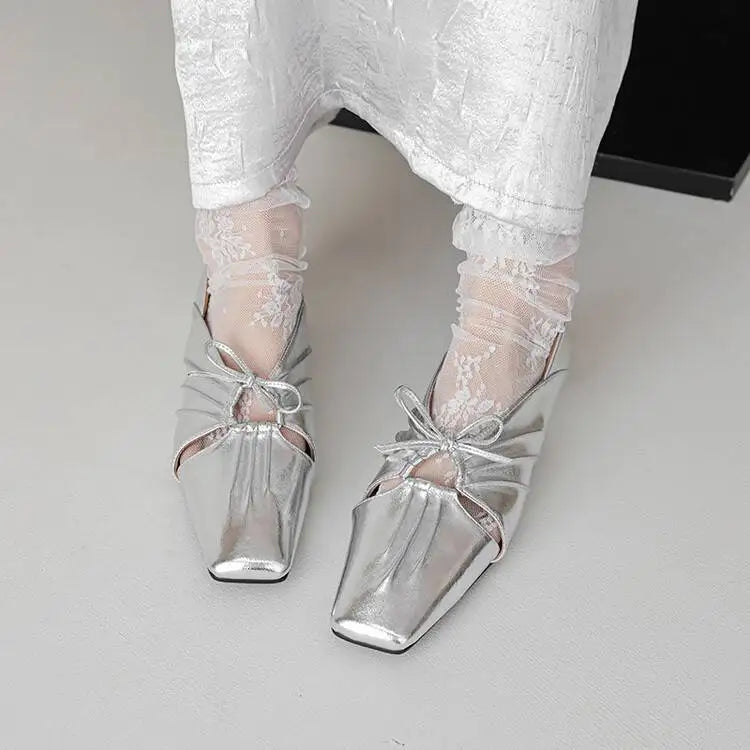 Pleated Hollow Mary Jane Style Shoes with Bow Design Flat Shoes Square Toe Casual Comfortable Outdoors Shoes Fashion