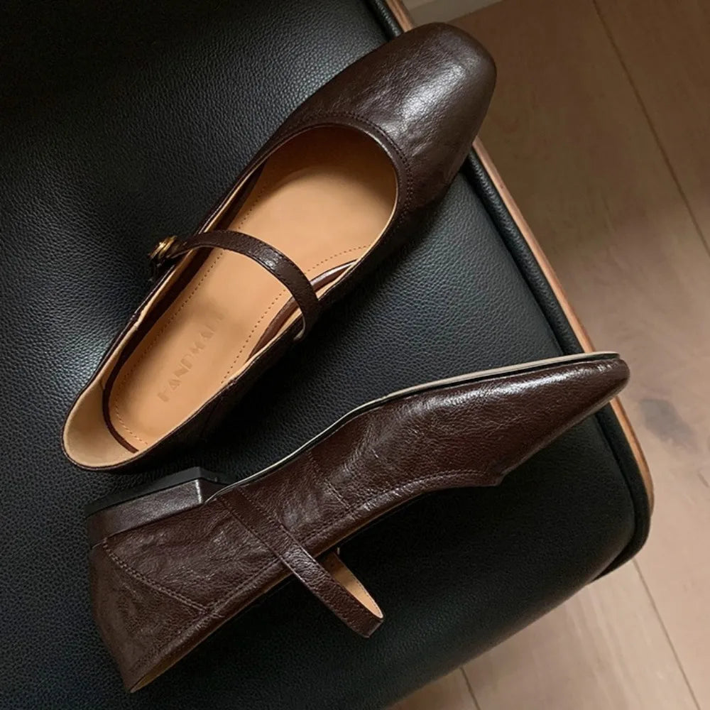 Small Leather Shoes Low-heeled Buckle Pumpss Square Head Two Wear Mary Jane Shoes
