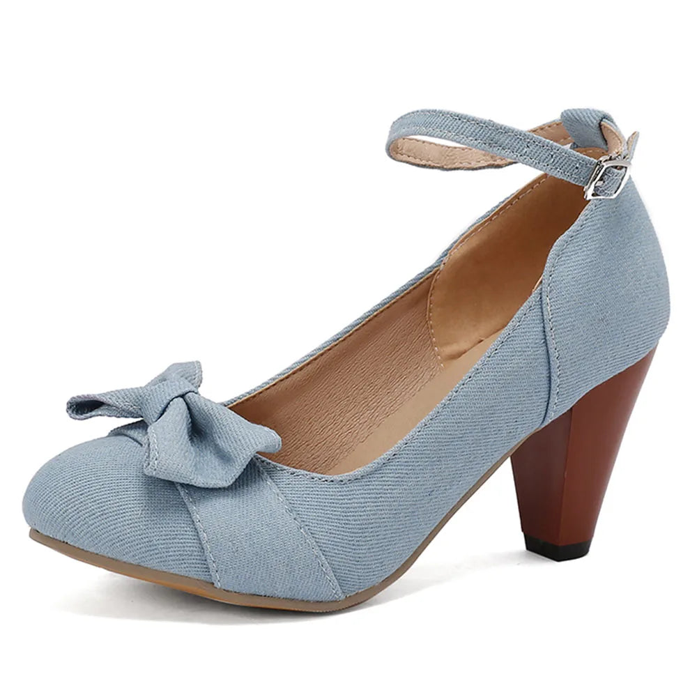 Plus Size 48 Brand Round Toe Chunky Heel Pumps Elegant Bow Buckle Solid Party Shoes