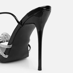 Black High Heels Sandals Peep Toe Crystal Narrow Band Stiletto Pumps Ankle Lace Up Party