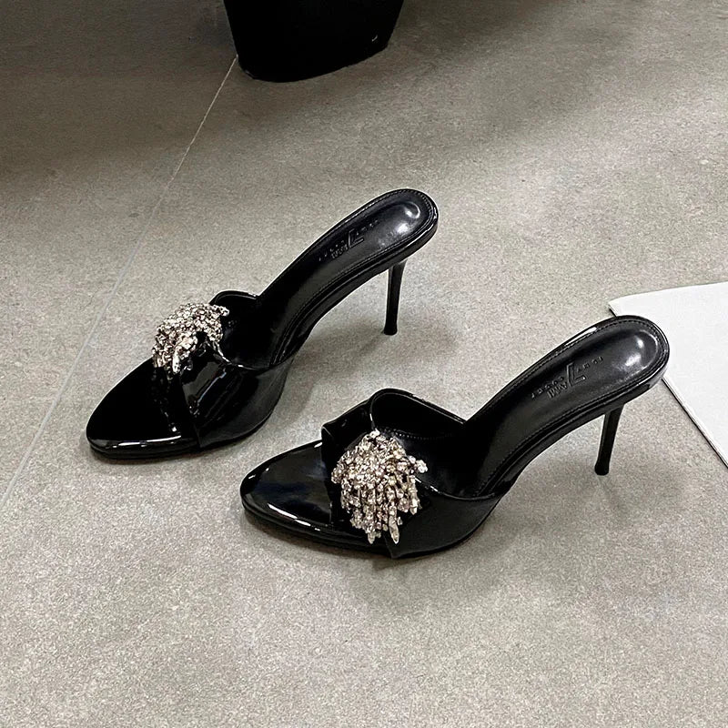 Rhinestones Super High Heels Pumps Shoes Slides Round Toe Party Thin Heels Shoes