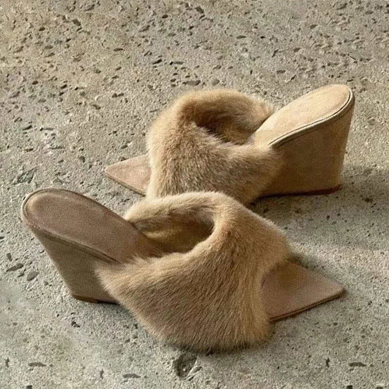 Plush Slippers French Pointed Open-toed Fluffy Slippers Home Outdoors Wedge Shoes Heels Highquality