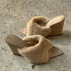 Plush Slippers French Pointed Open-toed Fluffy Slippers Home Outdoors Wedge Shoes Heels Highquality