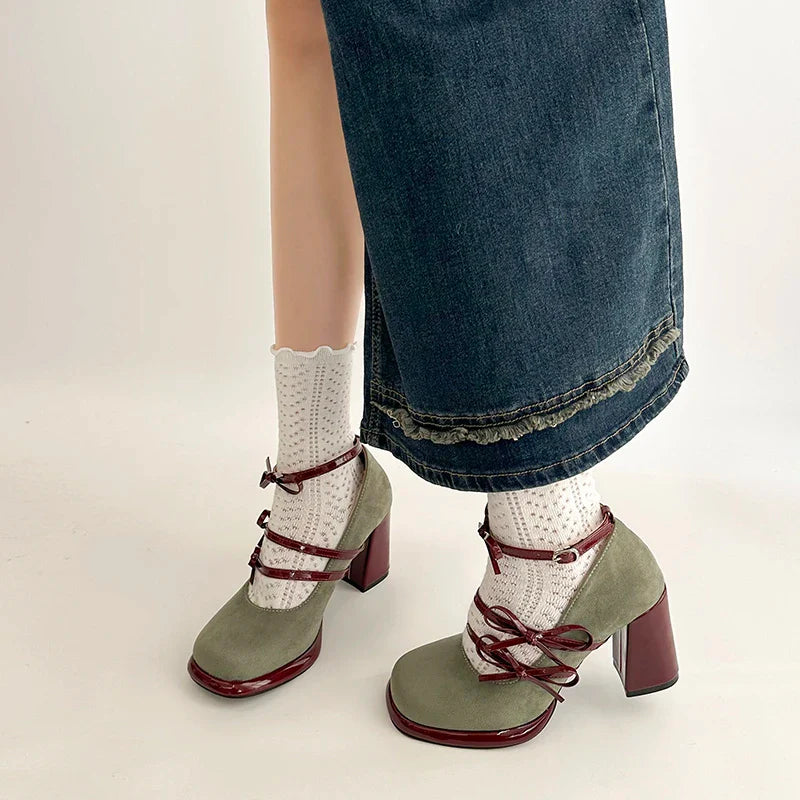 Thick Heel Mary Jane Shoes Butterfly-knot Buckle Strap Shoes Elegant Party Dress Pumps