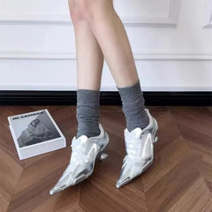 Low Heels Pointed Toe Shoes Lace Up Sports Style High Heels Colorblock Versatile Breathable Mesh Strappy Pumps