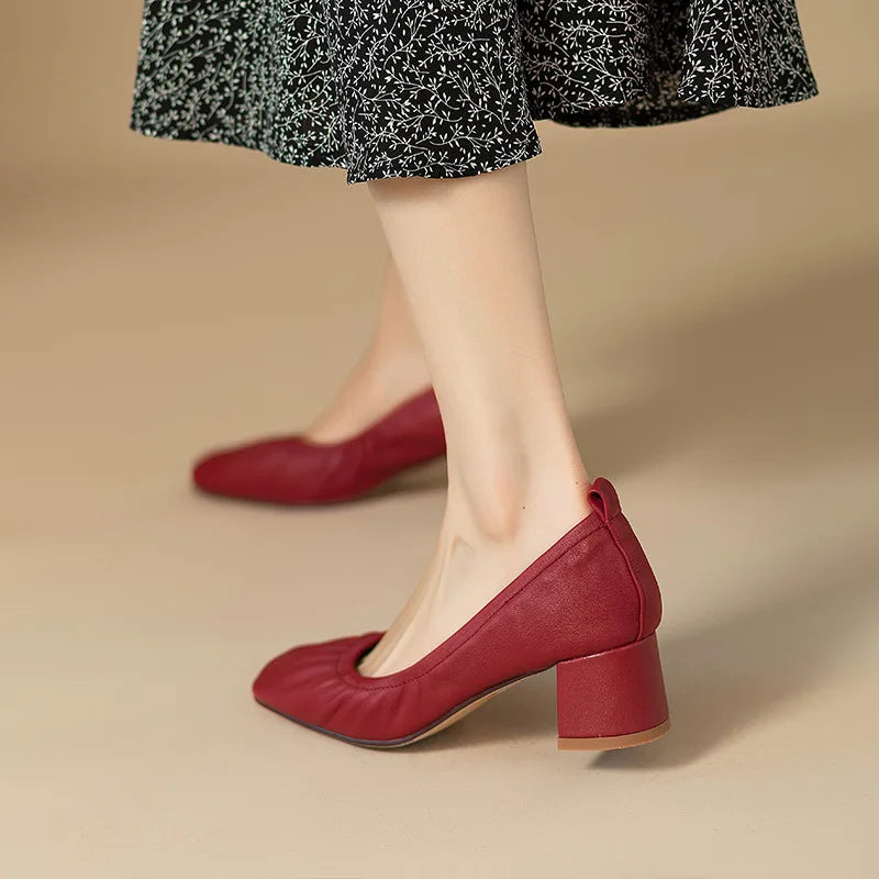 Oxford Shoes Vintage Pumps Mid Heels Square Toe Pumps Slip on Sewing High Heels Boat Shoes Elegant