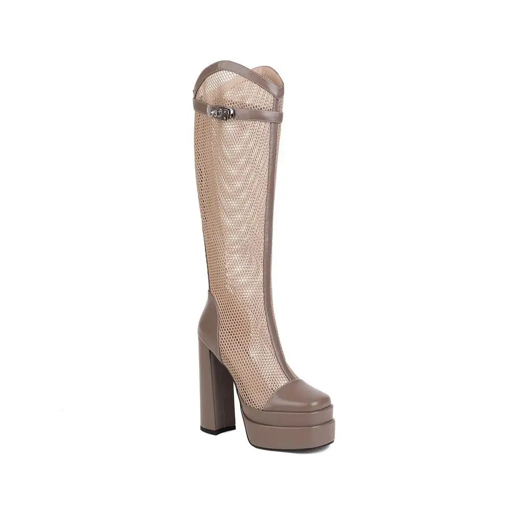 Brand Design Metal Lock High Chunky Heel Double Platform Round Toe Knee-high Cool Mesh Boots Dance Shoes Size 33-46