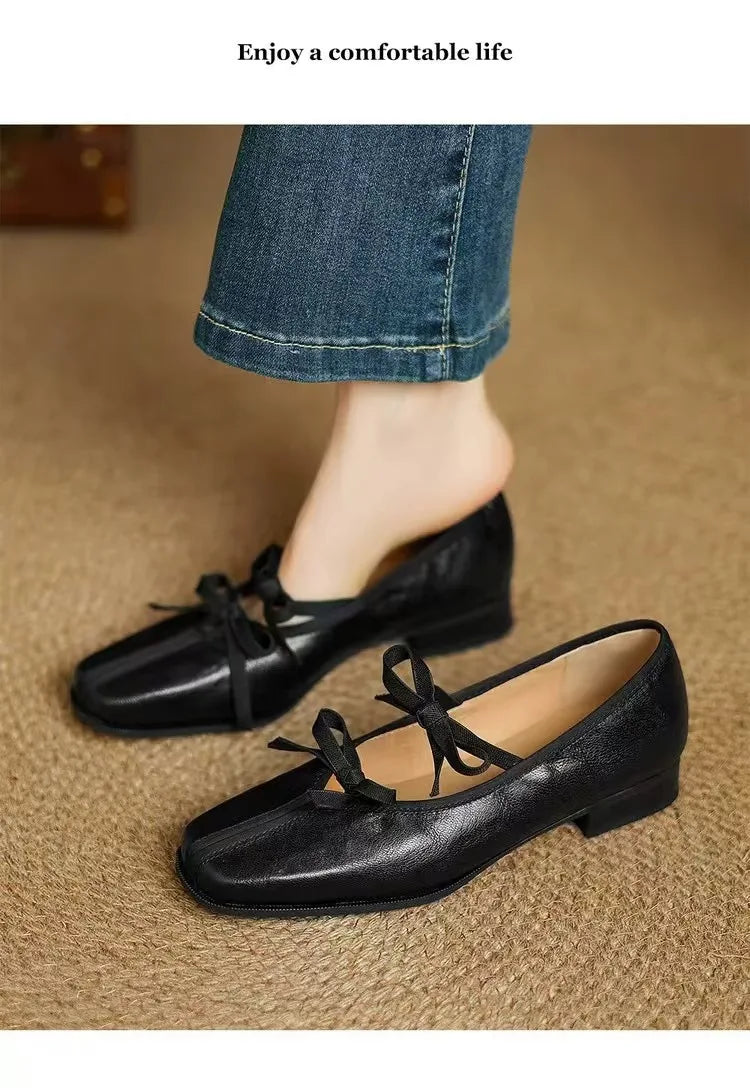 Genuine Leather Bow Decorated Ballet Shoes Mary Jane Style Flat Shoes Outdoor Casual Shallow Mouth Loafers Shoes Fashion