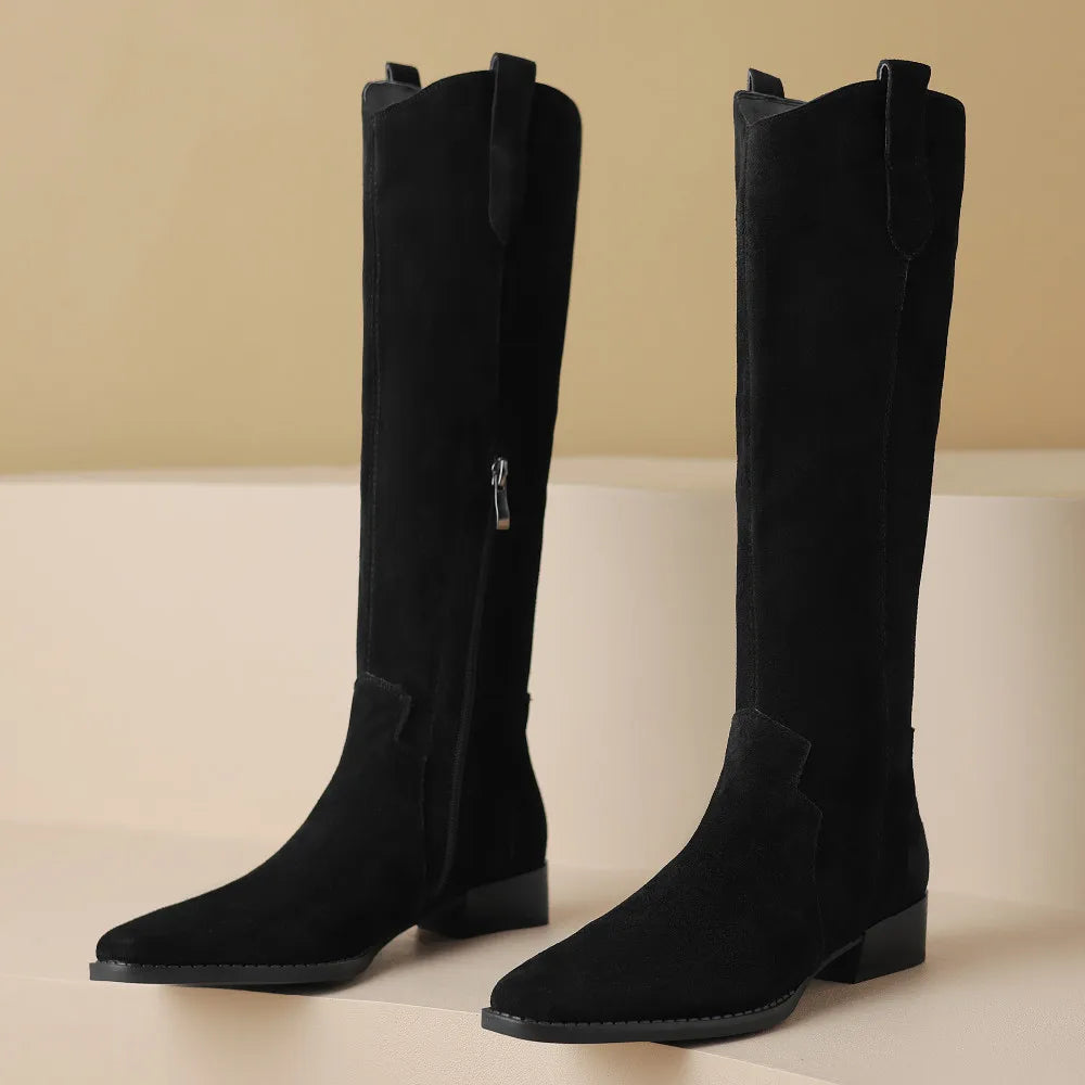 Natural Suede Leather Square Toe Side Zip Knee High Western Boots Casual Long Boots Shoes