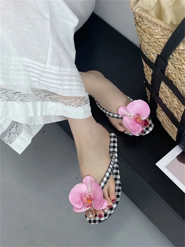Design Flower Geometric Clip Toe Low Flat Heels Slippers Casual Flip Flops Party Shoes